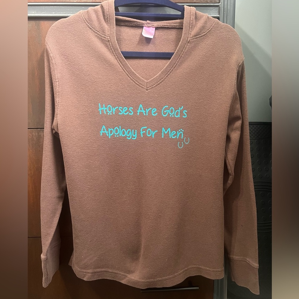 LAT Women’s Brown Waffle Knit Hoodie Horses Are God’s Apology For Men Sz Medium